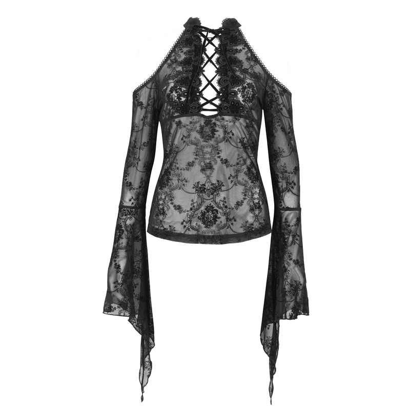Sexy hollow-out shoulder transparent top with trumpet sleeves for gothic fashion lovers.