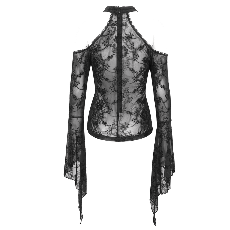 Elegant black gothic top with hollow-out shoulders and flowing trumpet sleeves.