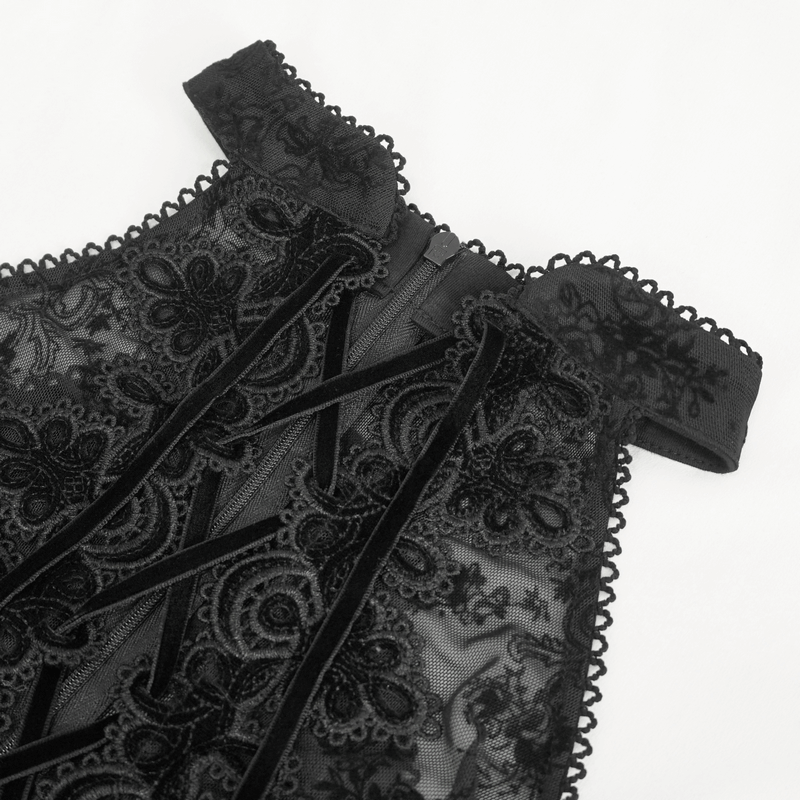 Intricate gothic black lace top with hollow-out shoulder and trumpet sleeves detail.