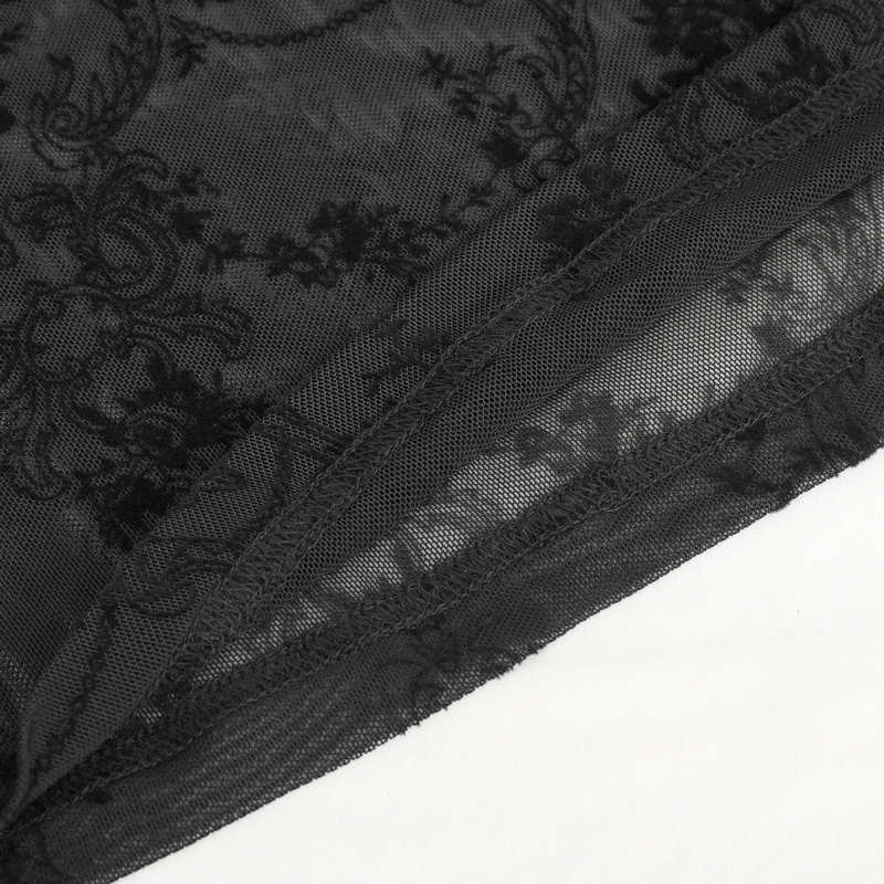 Close-up of black lace fabric featuring intricate patterns, perfect for a gothic sexy hollow-out shoulder top.