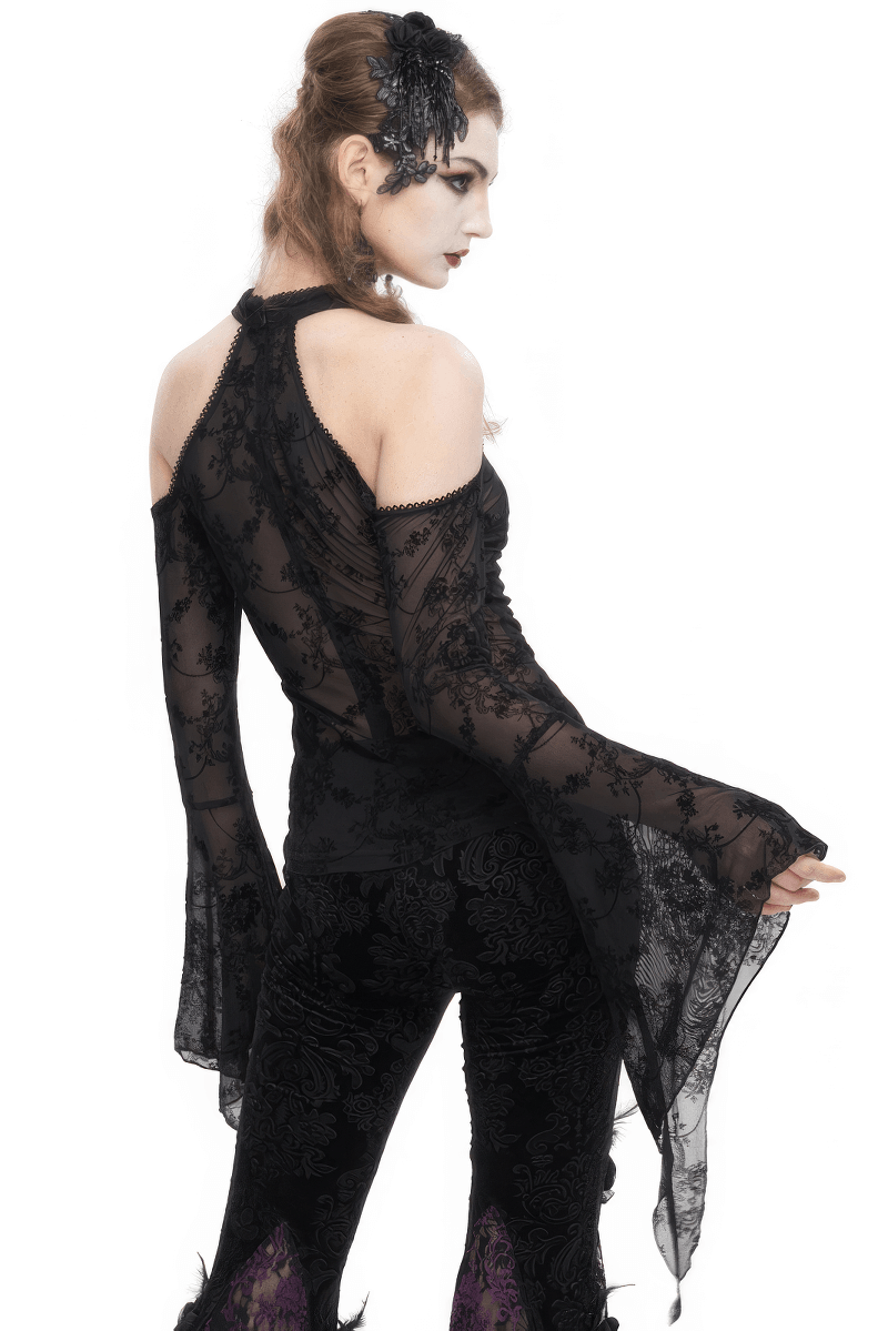 Gothic women's sexy hollow out shoulder top with transparent trumpet sleeves, perfect for bold fashion statements.