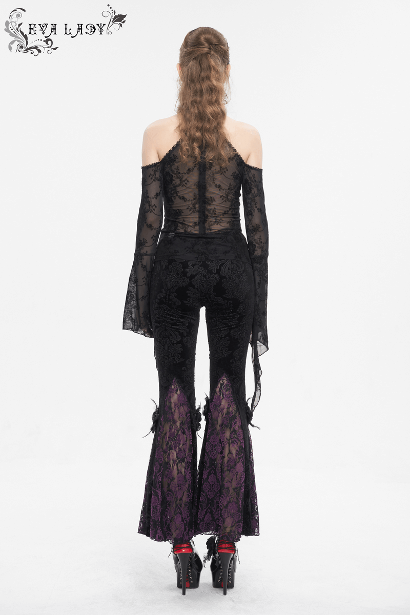 Back view of women's sexy hollow-out shoulder top with trumpet sleeves and gothic flared pants.