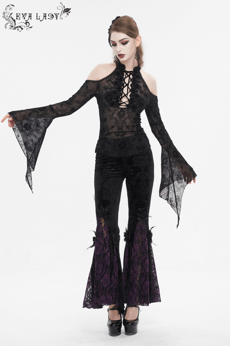 Women's sexy hollow-out shoulder top with trumpet sleeves in black lace, embodying gothic glamour and allure.
