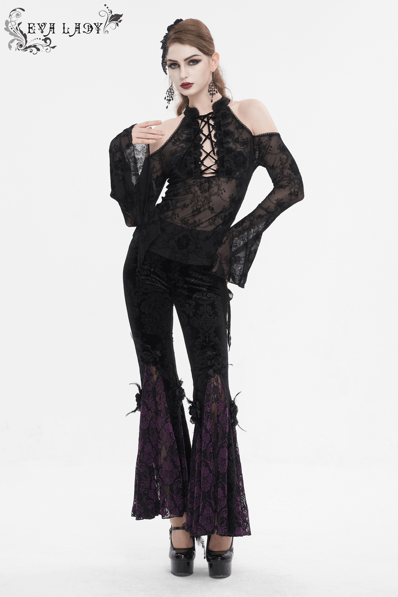 Gothic women's transparent top with hollow-out shoulders and trumpet sleeves, paired with stylish flared pants.