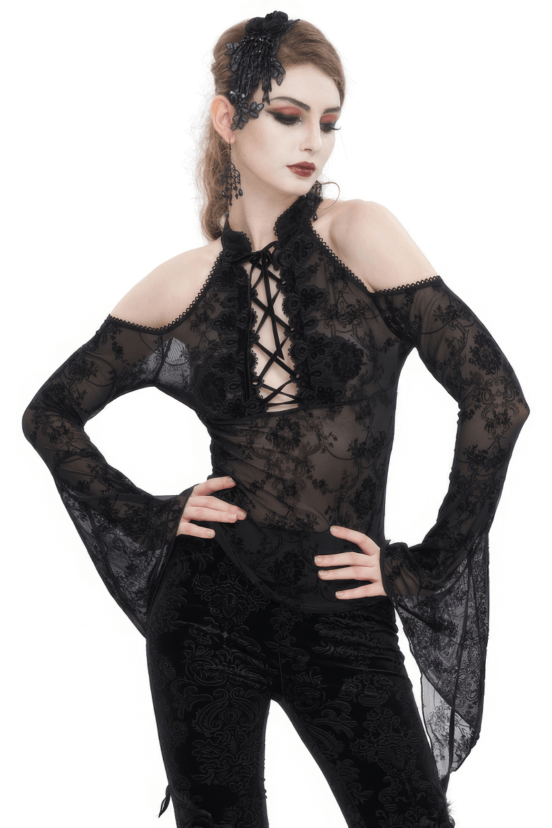 Gothic women's sexy hollow out shoulder top with transparent trumpet sleeves in black.