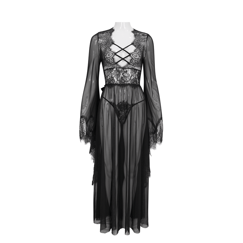 Elegant black lace dress with open back and bow, featuring transparent fabric and lace inserts, perfect for gothic style.