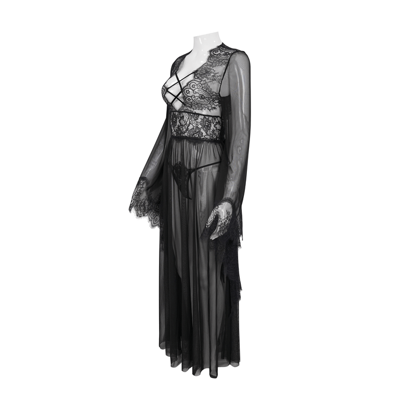 Elegant black transparent lace dress with gothic open back and bow, perfect for a light yet chic look.