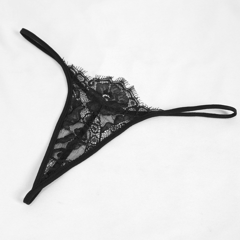 Elegant black lace thong with intricate detailing and delicate straps for a stylish touch.