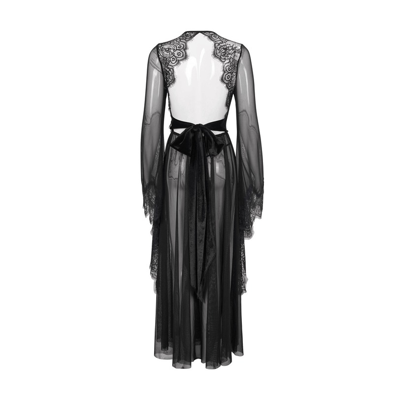 Elegant black transparent lace dress with open back and bow, perfect for Gothic style lovers.