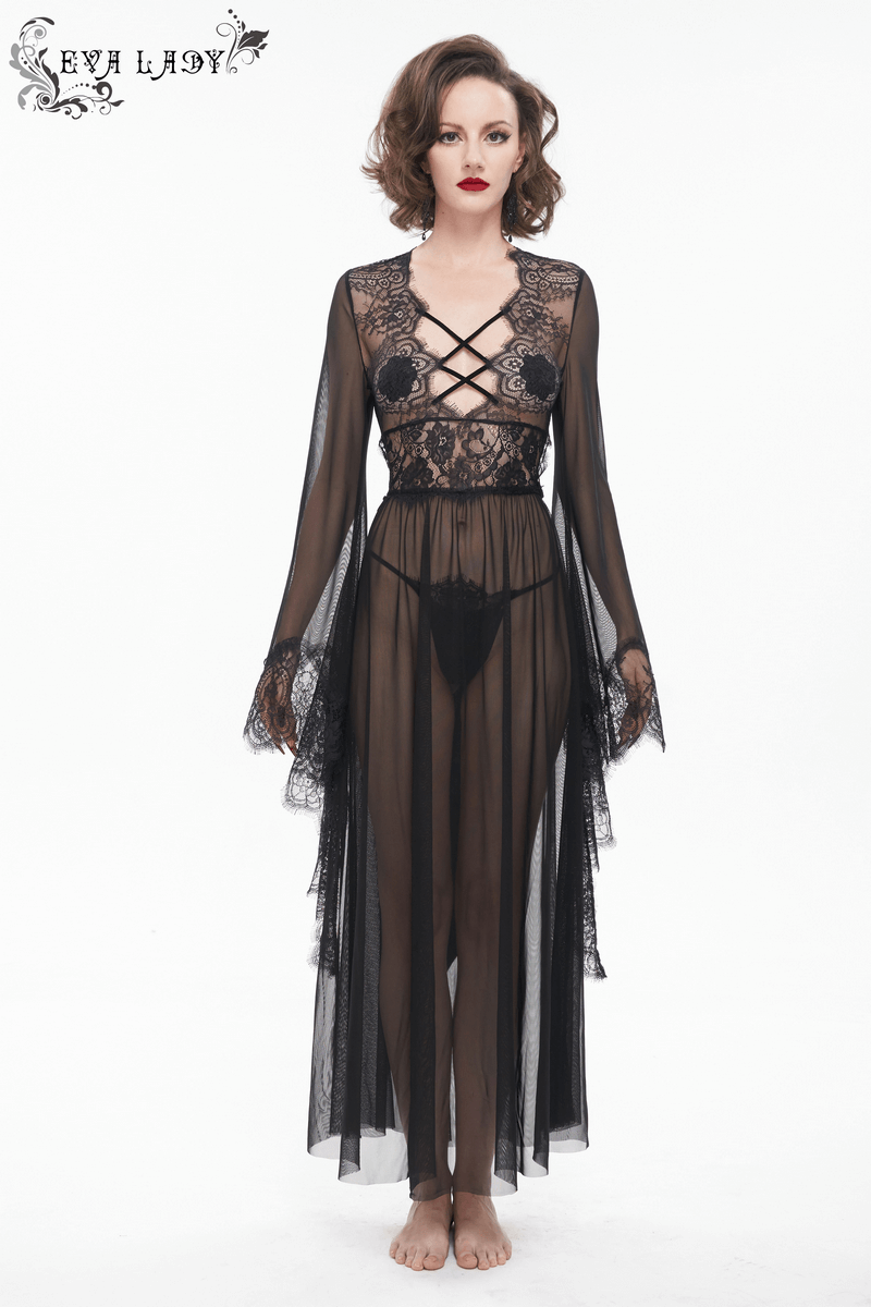 Elegant black Gothic lace dress with sheer fabric and lace details, featuring a sexy open back and bow accents.