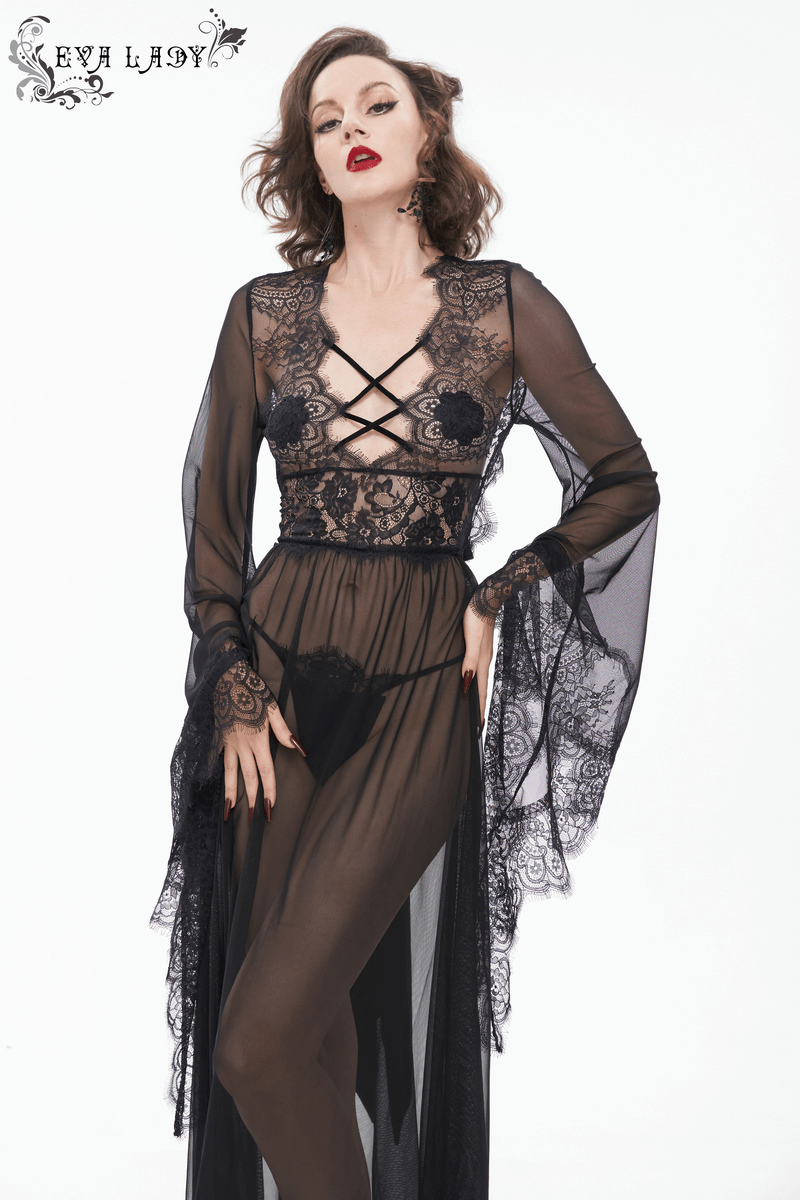 Elegant black transparent lace dress with Gothic style, featuring intricate lace inserts and open back design.