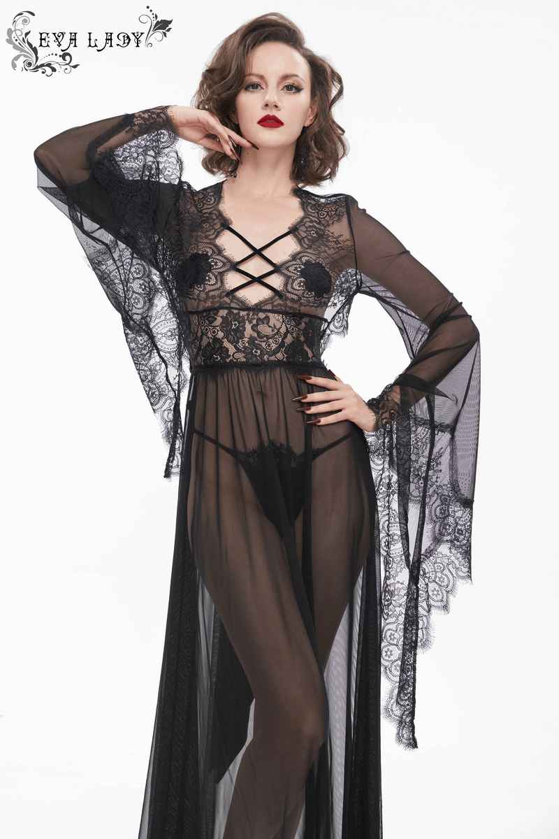 Elegant women's black hollow out lace dress with open back, featuring flowing sleeves and intricate lace details.