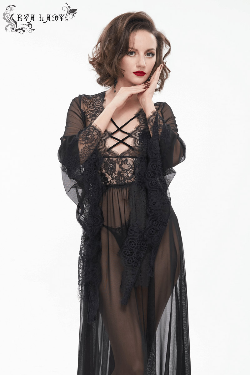 Elegant black transparent lace dress with open back and lace details, showcasing gothic style and femininity.