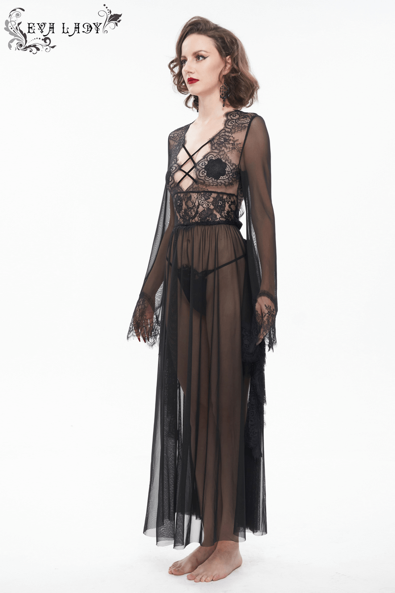 Elegant black transparent lace dress with Gothic style, featuring a open back and delicate lace details.