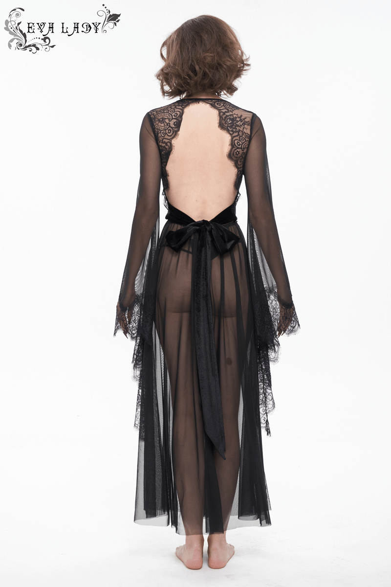 Elegant Gothic black lace dress with an open back and bow, showcasing a transparent design.