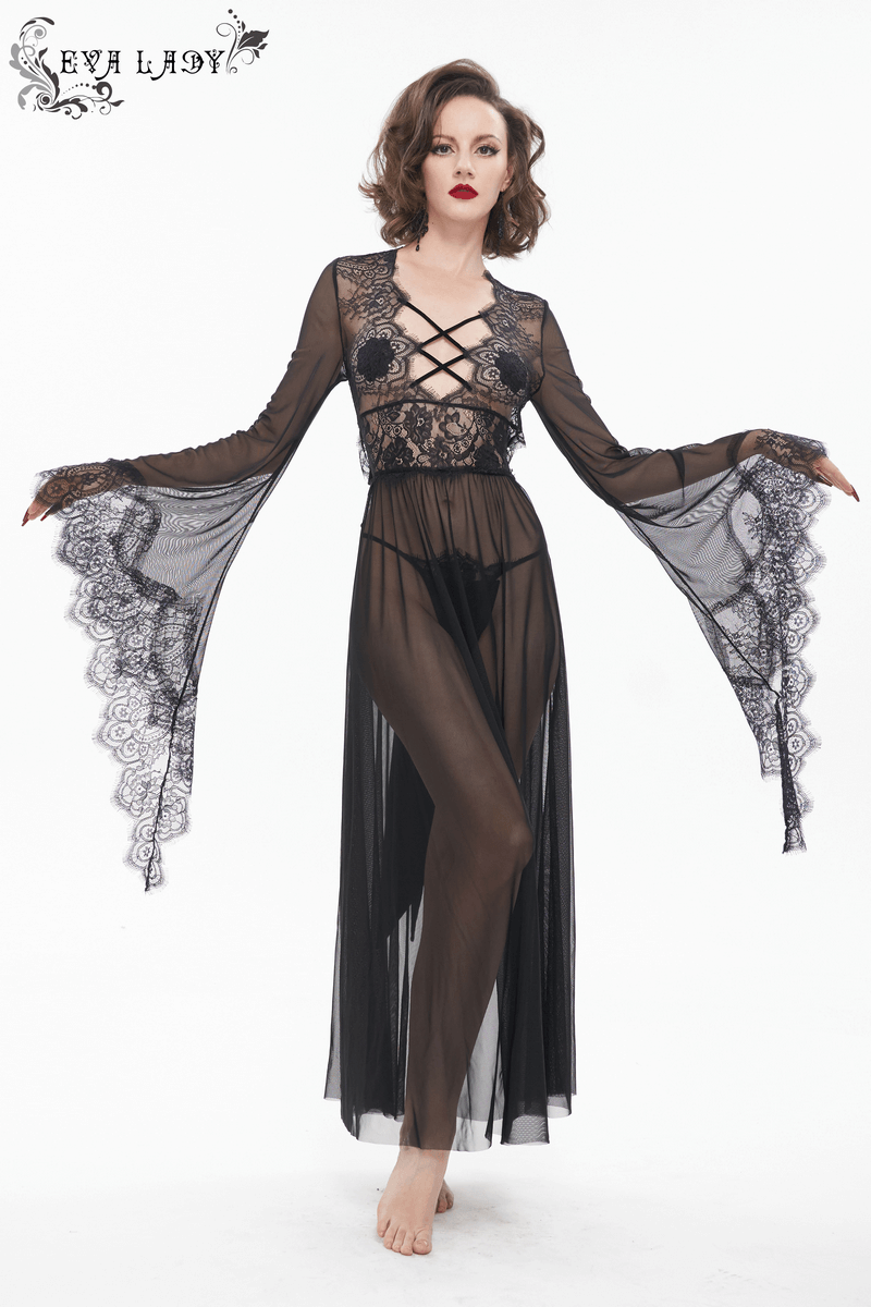 Elegant black transparent lace dress with open back and bell sleeves, perfect for gothic style fashion.