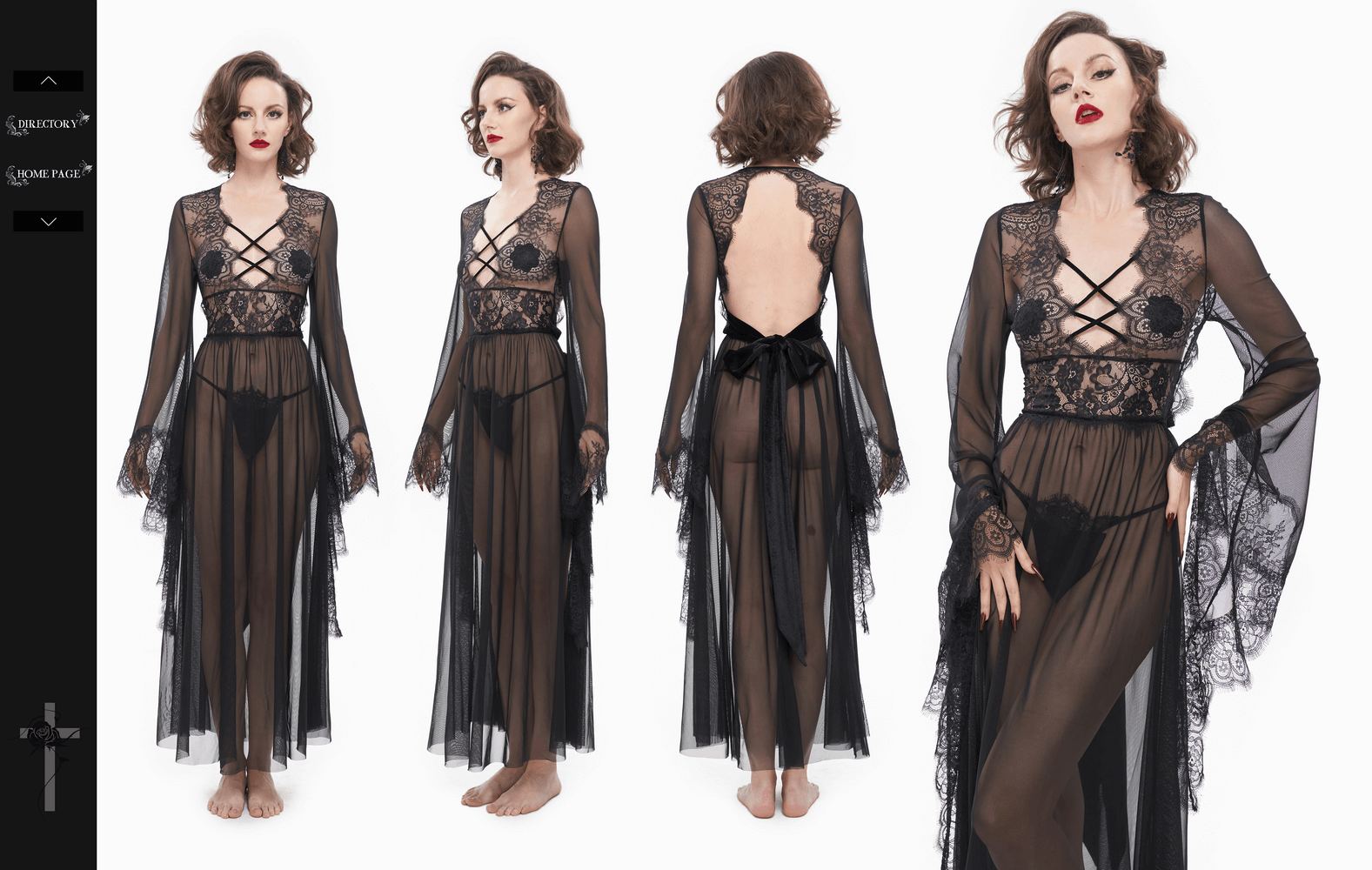 Elegant black transparent lace dress with open back and bow, showcasing a Gothic style and delicate lace inserts.