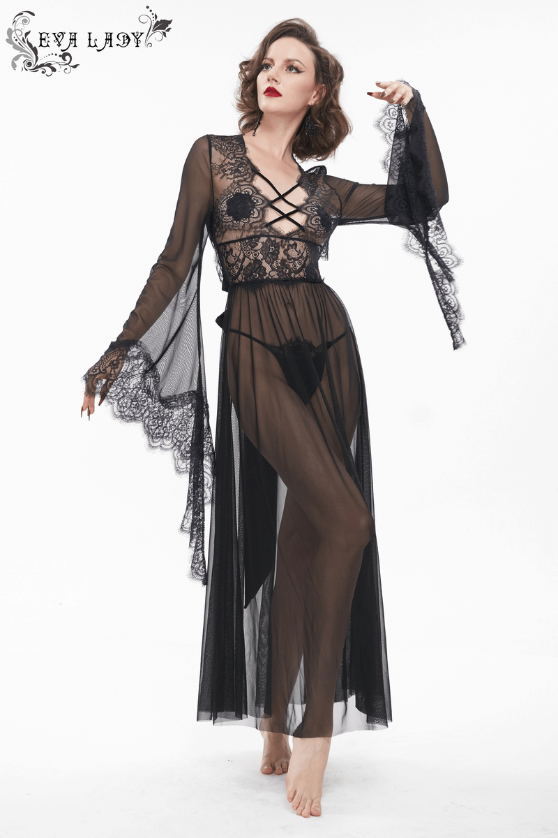 Elegant black hollow out lace dress with open back and bow, perfect for Gothic style lovers.