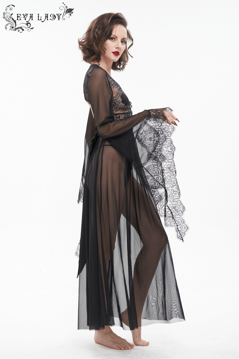 Elegant gothic black lace dress featuring transparent fabric and intricate lace details for a stunning look.