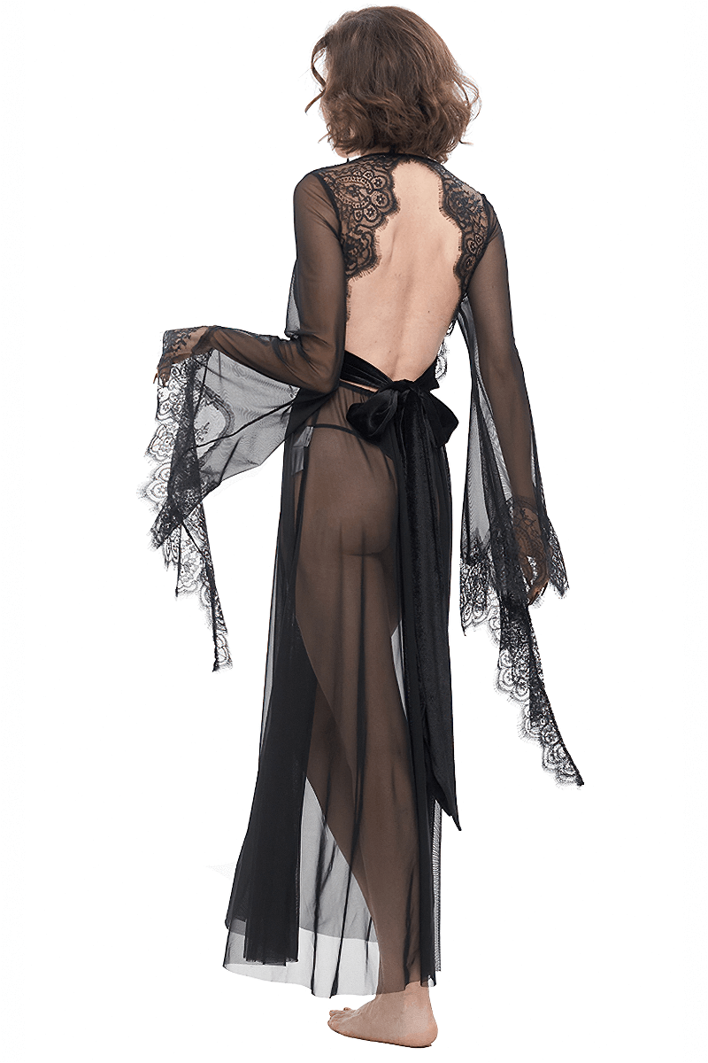 Sexy Hollow Out Transparent Lace Dress / Gothic Open Back Long Dress With Bow Sexy Hollow Out Transparent Lace Dress / Gothic Open Back Long Dress With Bow
