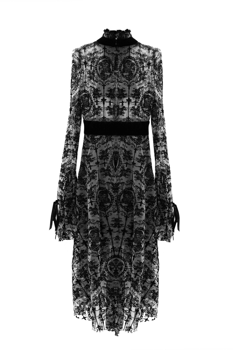 Black lace gothic dress with long sleeves, featuring an elegant irregular cut and stylish details for a luxurious look.