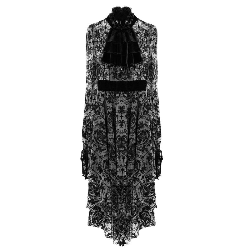 Elegant black lace dress with long sleeves, gothic style, featuring a trendy cut and luxurious details.