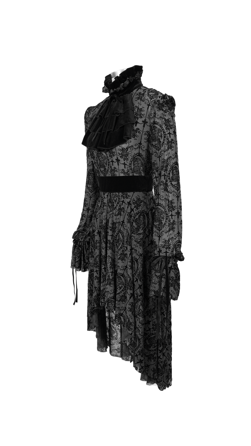 Elegant black lace dress with long sleeves and ruffled collar in stylish gothic design, perfect for any occasion.
