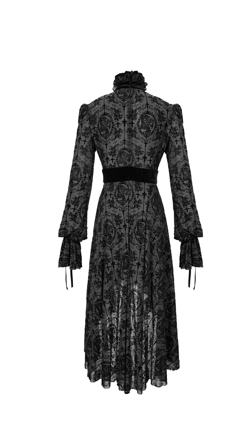Elegant black lace gothic dress with long sleeves and trendy cut, perfect for a luxurious look.