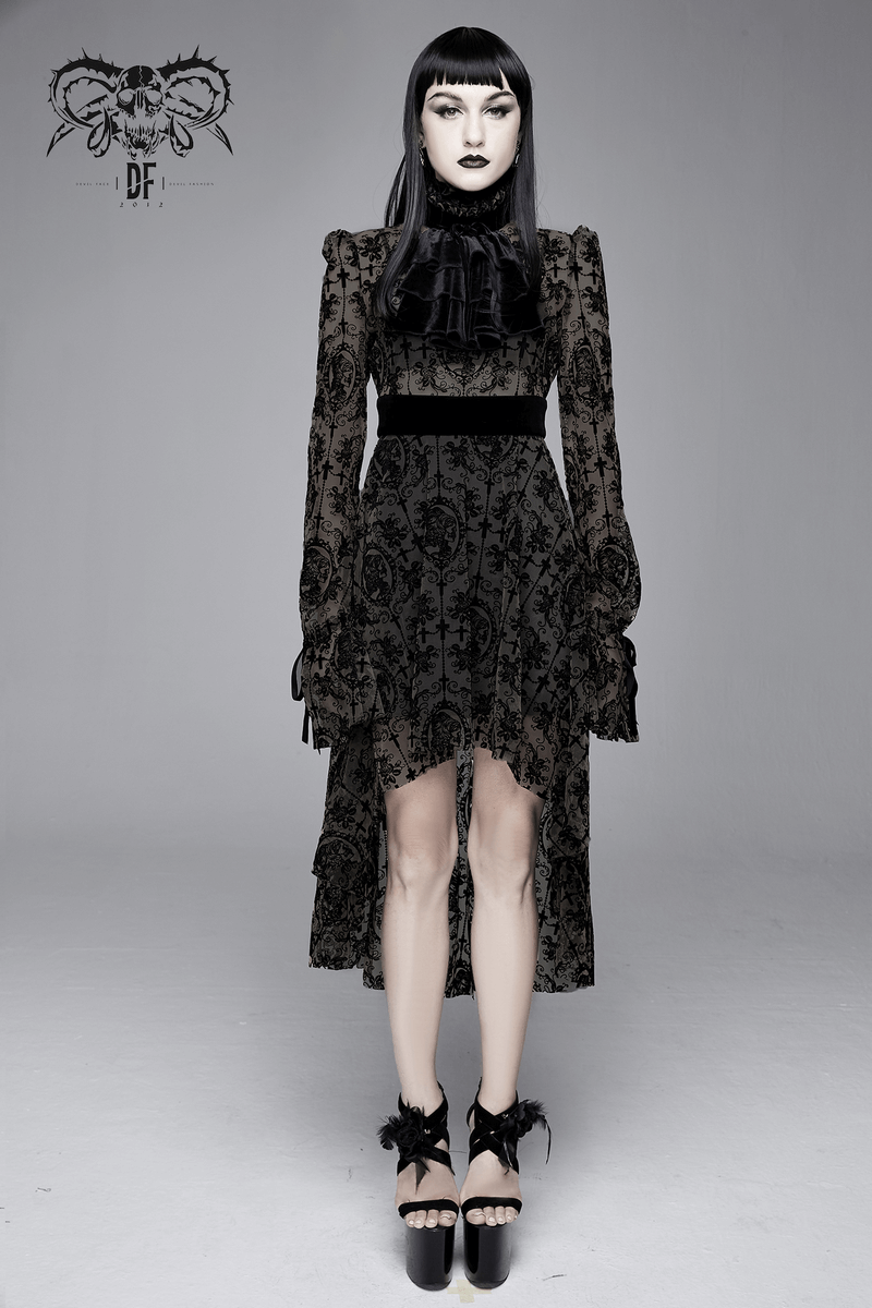 Elegant black lace gothic dress with long sleeves and high-low hem, perfect for stylish women seeking a unique look.