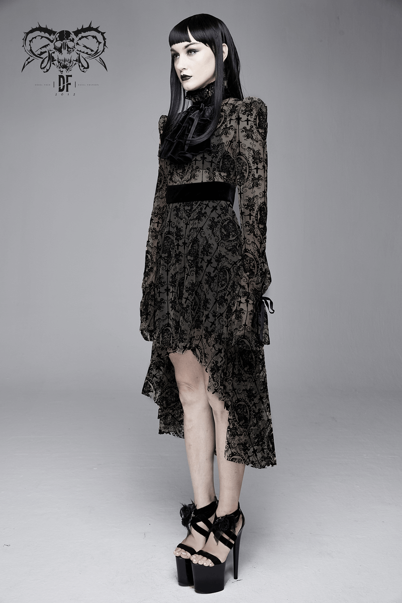 Elegant black lace gothic dress with long sleeves and asymmetrical hem, perfect for striking fashion statements.