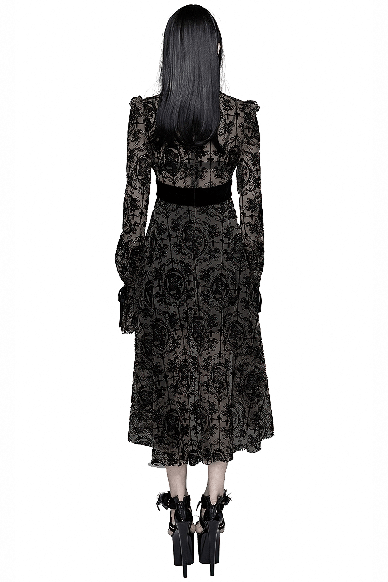 Back view of a sexy irregular lace dress with long sleeves, showcasing its gothic style and elegant silhouette.