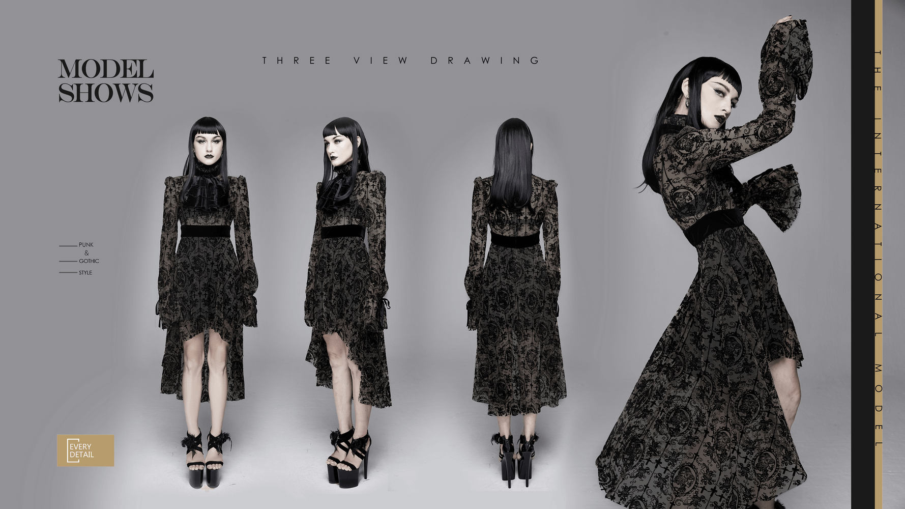 Three-view drawing of a women's gothic lace dress showcasing elegant design and silhouette.