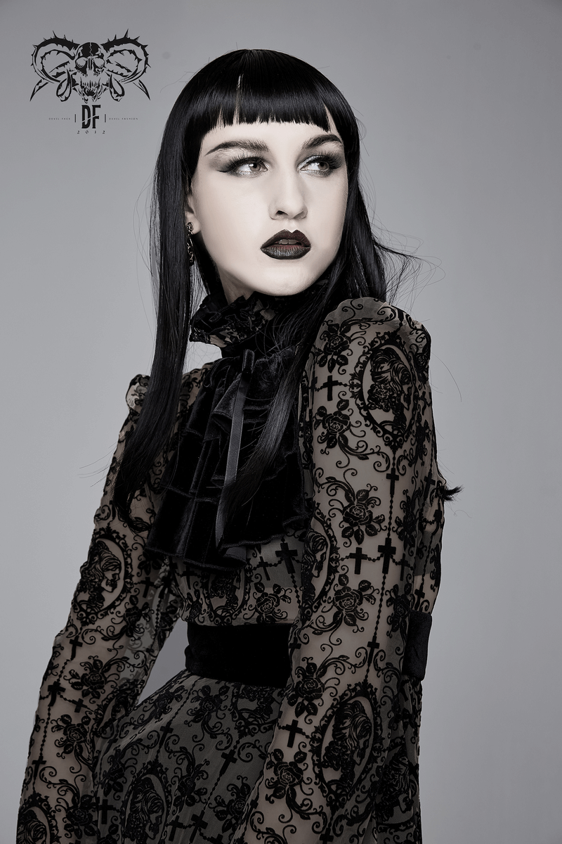 Gothic-inspired women's lace dress with intricate patterns and elegant long sleeves, perfect for a chic dark fashion look.