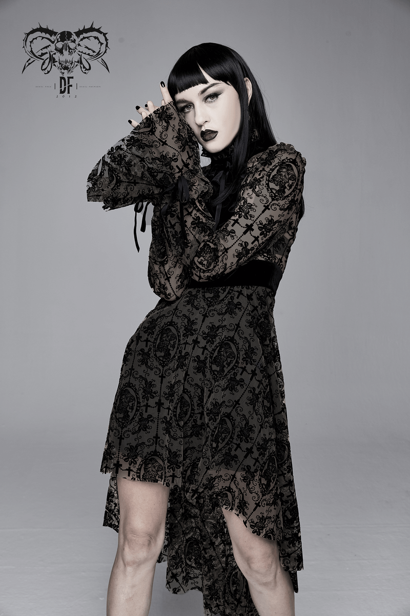 Model wearing a sexy black irregular lace dress with long sleeves in a gothic style, showcasing elegance and luxury.