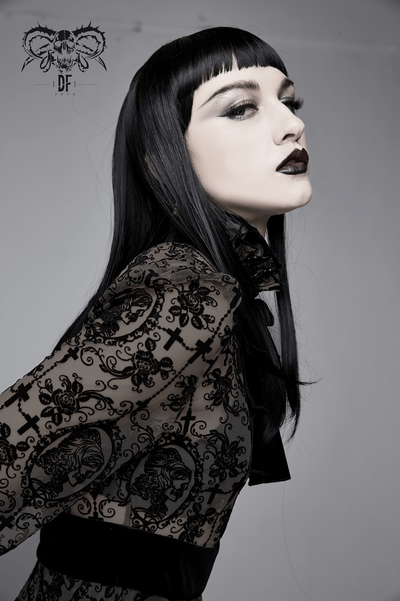 Gothic style black lace dress model showcasing elegant details and long sleeves for a chic look.