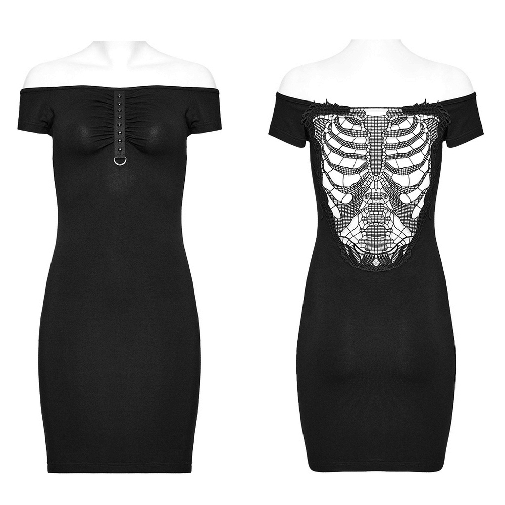 Gothic black lace off-shoulder slim fit dress with spine design on the back, perfect for edgy fashion lovers.