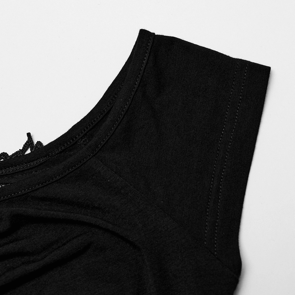 Close-up of the off-shoulder neckline of a sexy black lace dress for women.