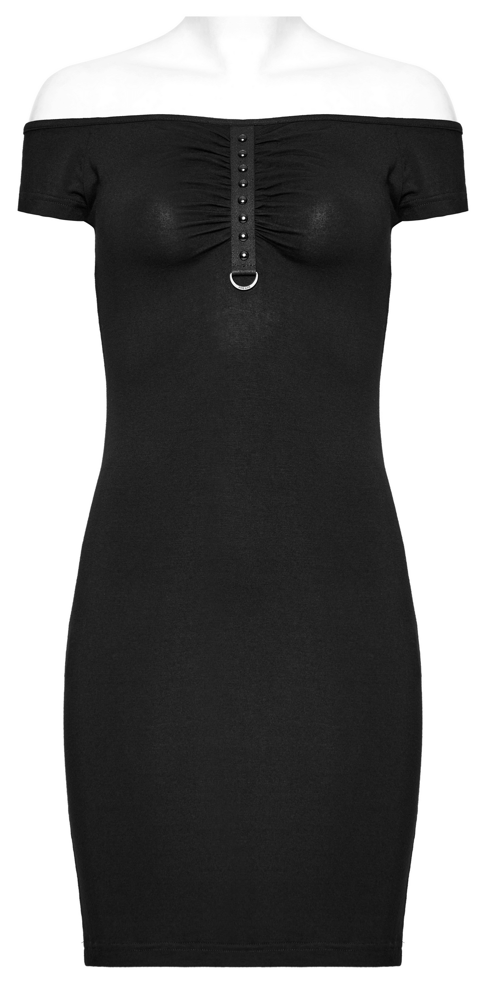 Black off-shoulder slim fit dress with pleated chest and lace back detail for a gothic and edgy style.