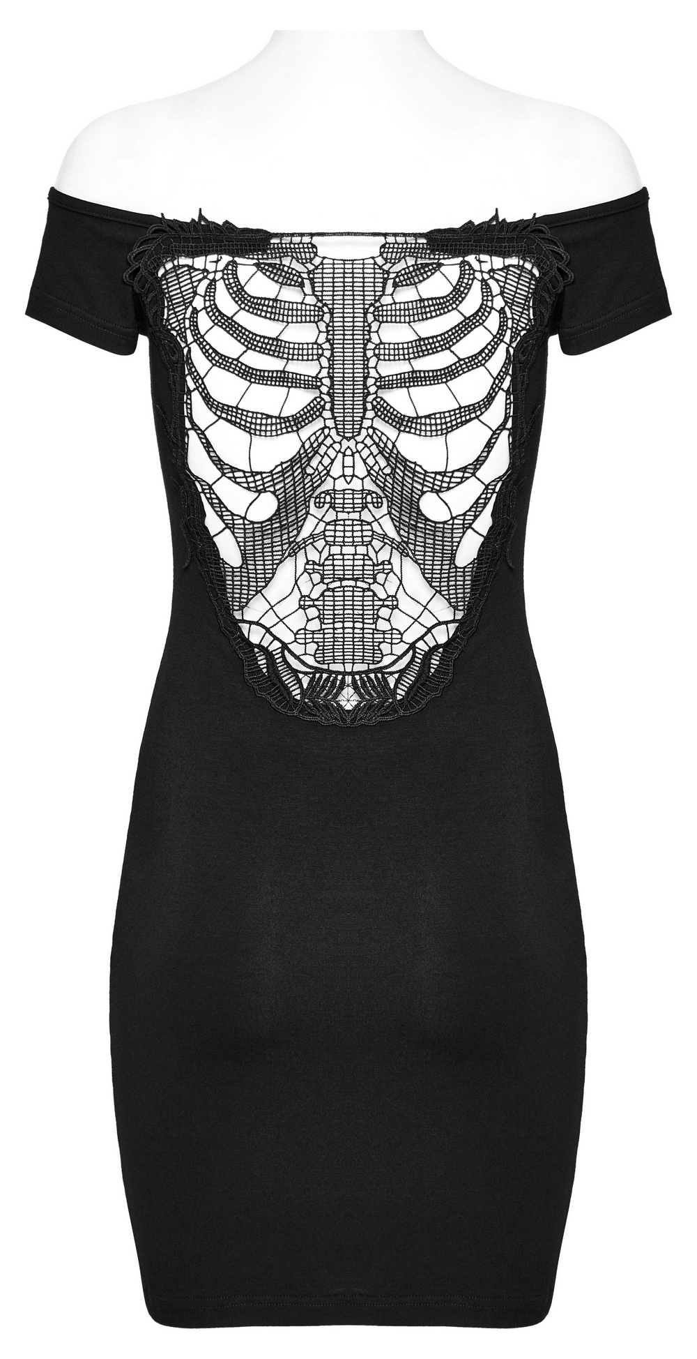 Gothic black lace back off-shoulder slim fit dress featuring spine-shaped lace detail.