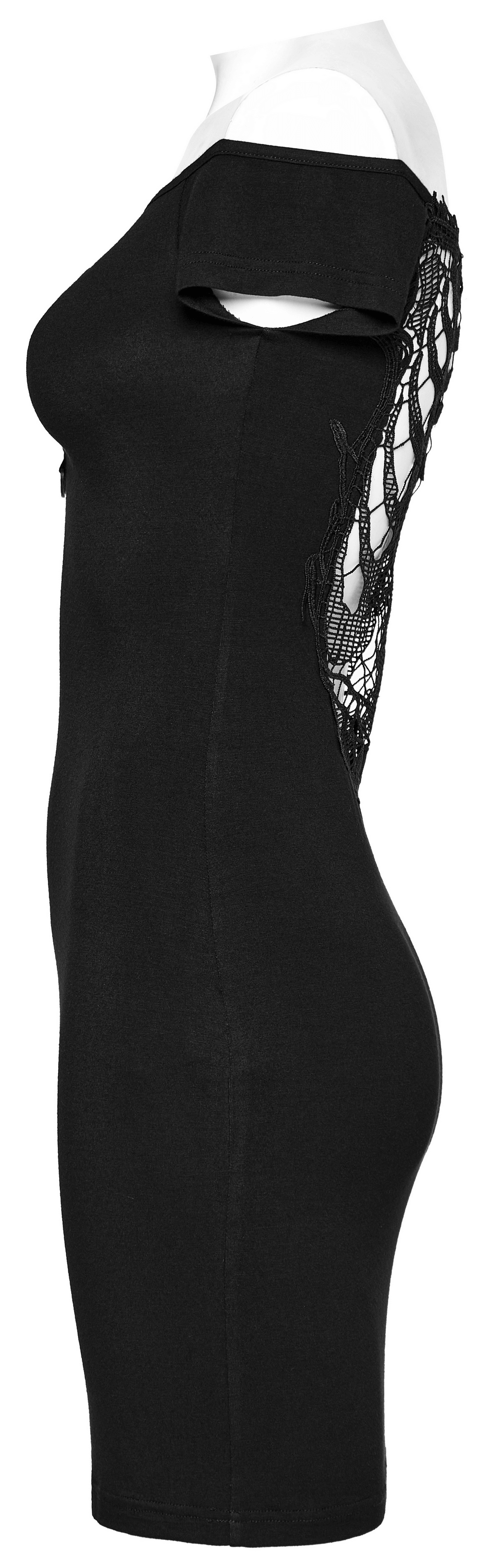 Side view of a sexy black lace back off-shoulder slim fit dress for women, showcasing its edgy silhouette.