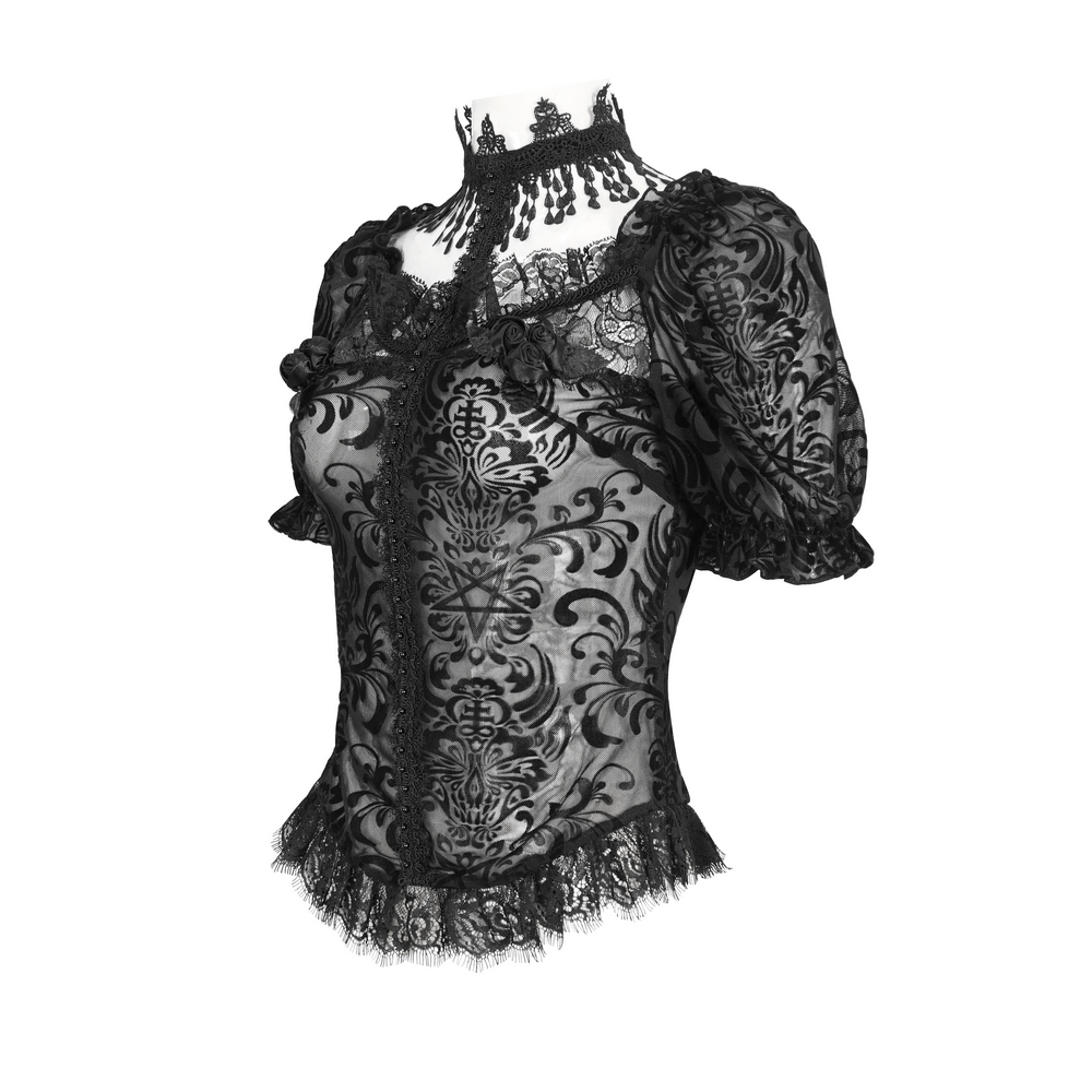 Chic black lace blouse with puff sleeves and fringe detail for day-to-night elegance.