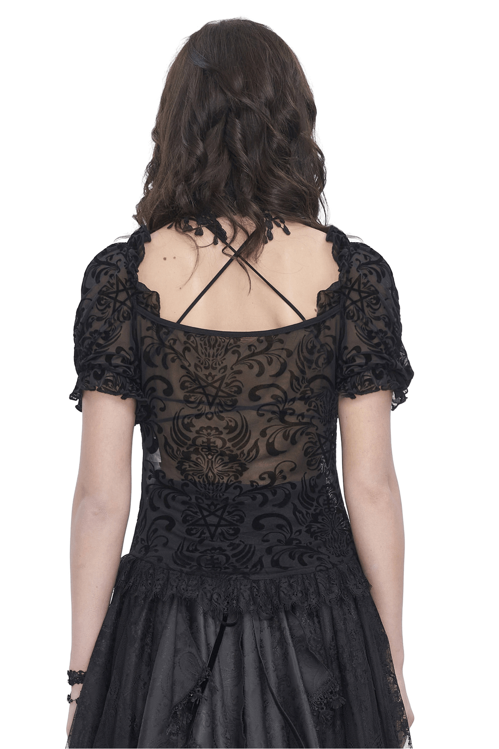 Back view of a chic black lace blouse with puff sleeves and intricate patterns, showcasing elegant fringe detail.