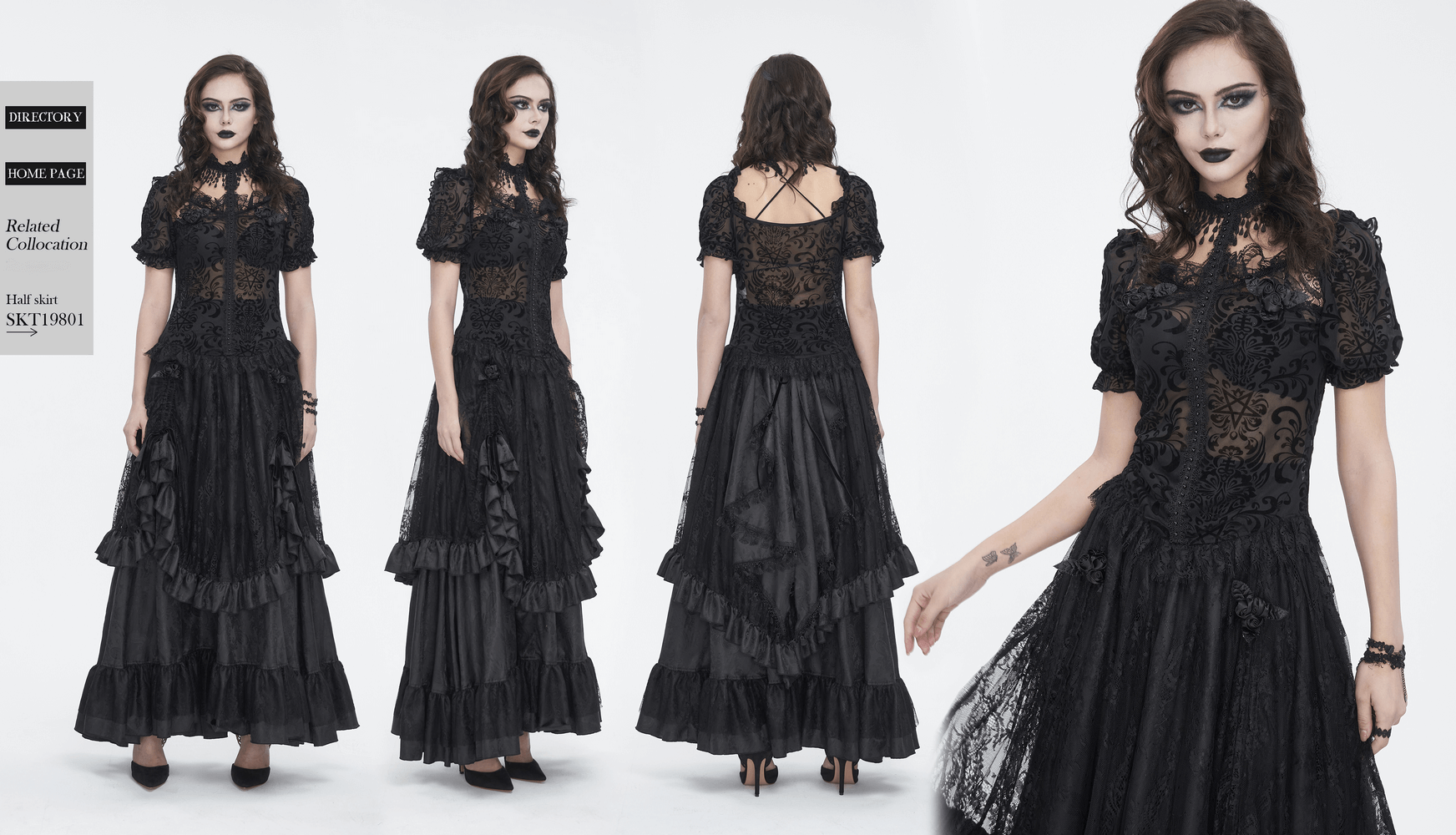 Gothic chic black lace blouse with puff sleeves and ruffled skirt, perfect for day-to-night elegance.