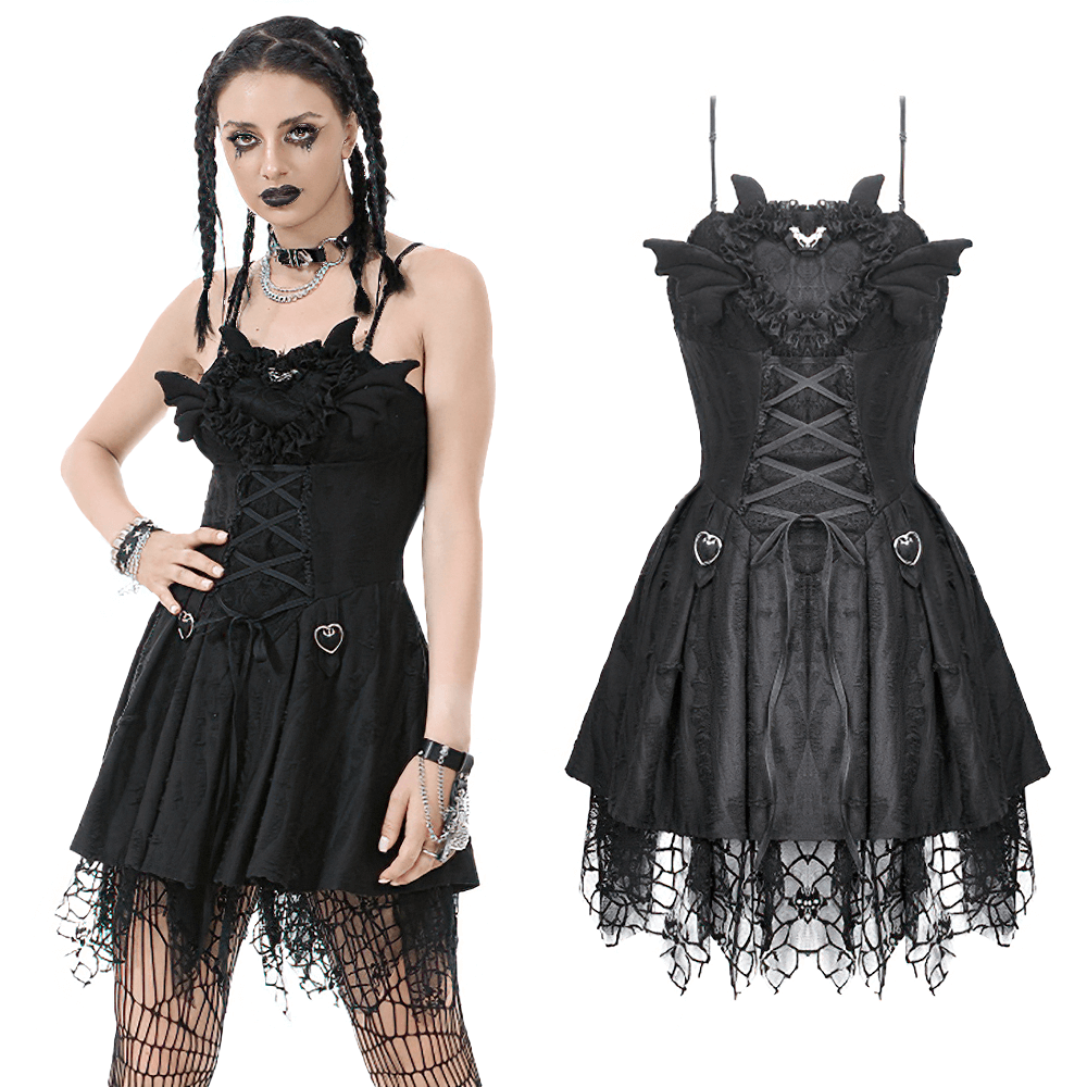 Sexy lace corset dress with heart clips and mesh hem, perfect for a gothic-chic look.