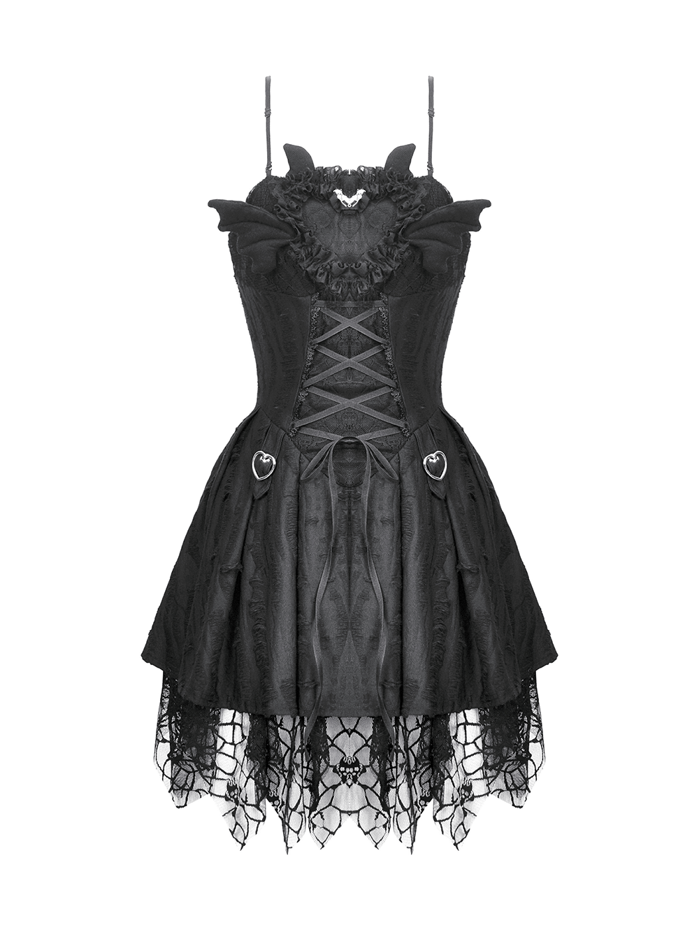 Sexy lace corset dress with heart clips and mesh hem, perfect for a daring and romantic look.