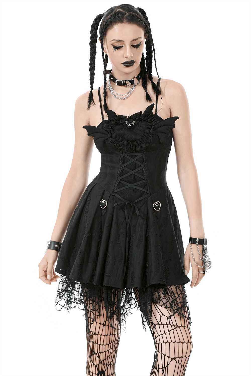 Sexy lace corset dress with heart clips and mesh hem, perfect for a gothic-inspired look.
