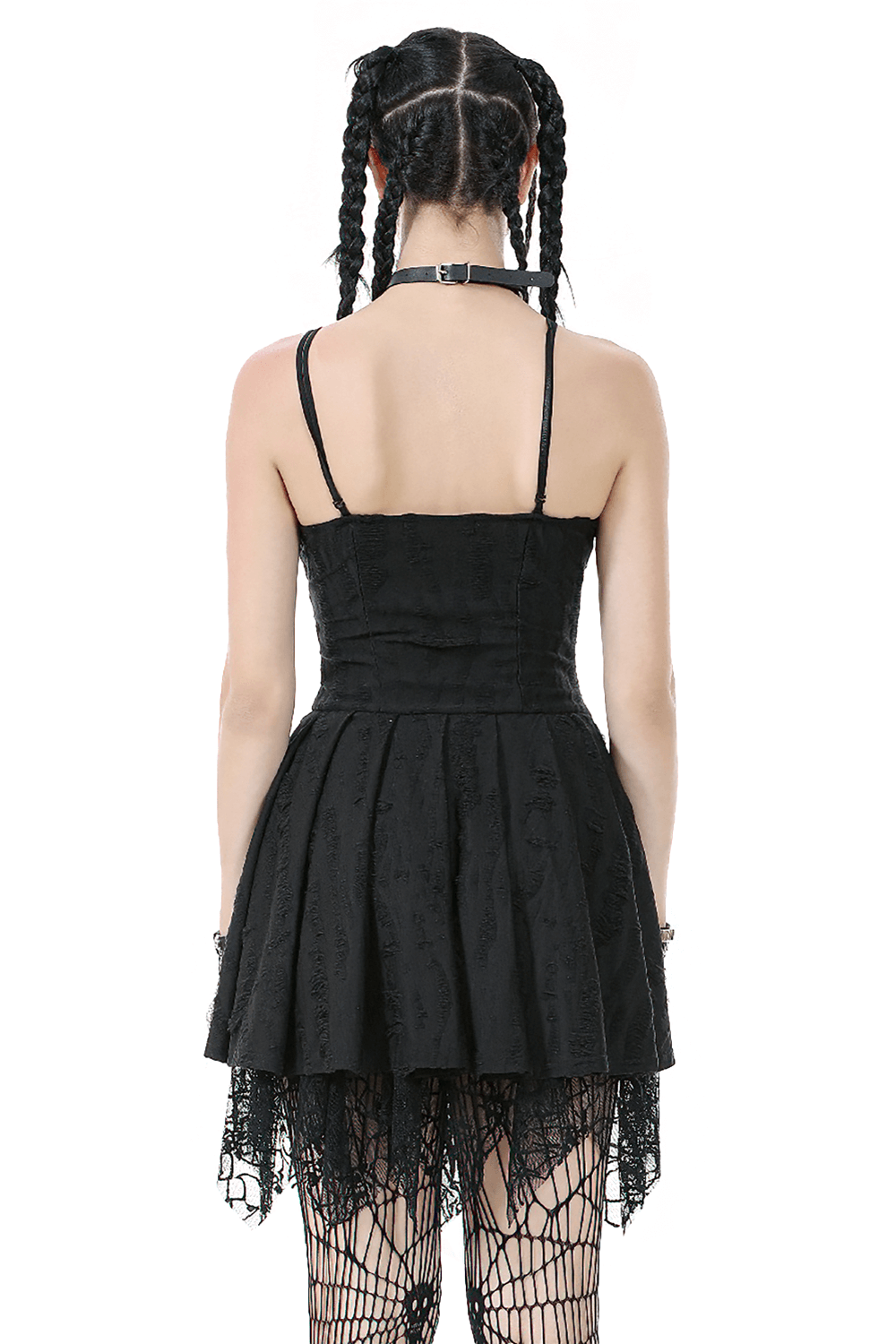 Back view of a sexy lace corset dress with heart clips and mesh hem, featuring a fitted bodice and flared skirt.