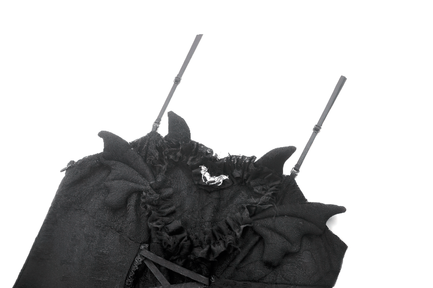 Sexy lace corset dress featuring heart clips, mesh hem, and unique bat-wing design for a daring look.