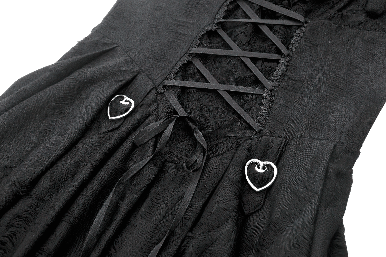 Sexy black lace corset dress featuring heart clips and a stylish mesh hem for a playful and alluring look.
