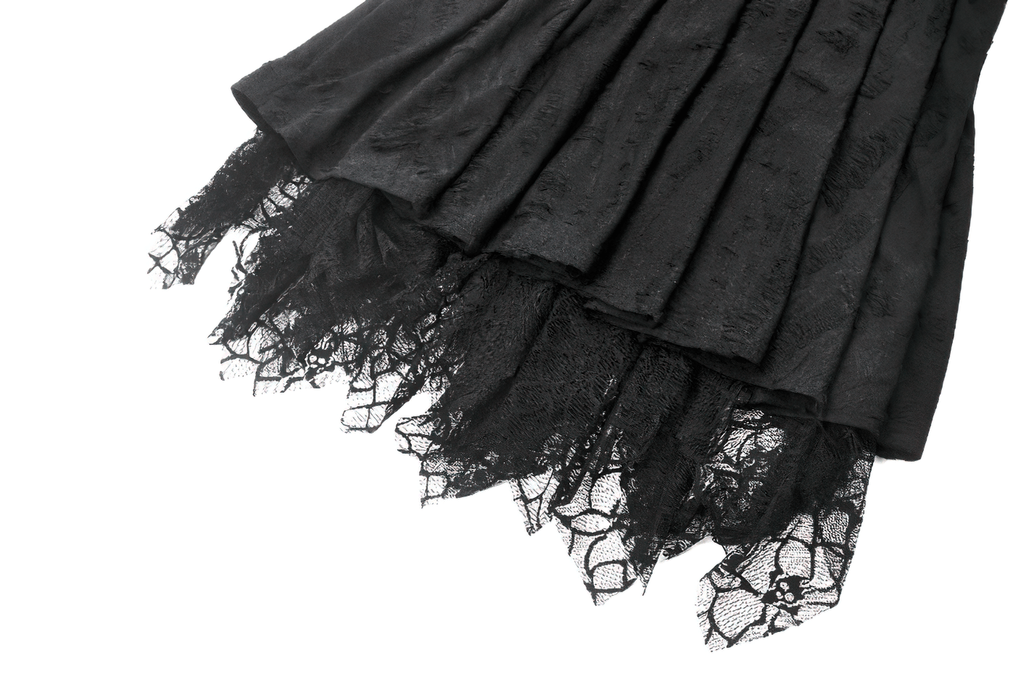 Elegant black lace hem of a sexy corset dress, showcasing intricate details and playful textures.